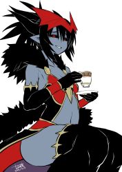 Rule 34 | 1girl, bare shoulders, black gloves, black hair, black thighhighs, blue skin, breasts, cleavage, colored skin, commentary request, cup, dark-skinned female, dark skin, dated, demon girl, elbow gloves, fur trim, gloves, highres, holding, horns, looking at viewer, navel, original, parted lips, pointy ears, red eyes, short hair, signature, simple background, sitting, slit pupils, small breasts, smile, solo, teacup, thighhighs, tray, white background, zyugoya