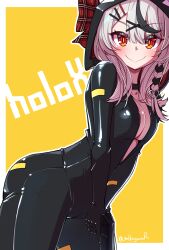 Rule 34 | 1girl, absurdres, animal hood, arched back, bare arms, black bodysuit, black hair, blush, bodysuit, braid, breasts, catsuit, center opening, closed mouth, commentary request, cosplay, grey hair, gun, hair ornament, handgun, highres, holding, holding gun, holding weapon, hololive, hood, large breasts, leaning forward, looking at viewer, lupin iii, medium hair, mikagura, mine fujiko, mine fujiko (cosplay), multicolored hair, orca hood, partially unzipped, plunging neckline, red eyes, sakamata chloe, side braid, skin tight, smile, solo, streaked hair, twitter username, v arms, virtual youtuber, weapon, x hair ornament, yellow background