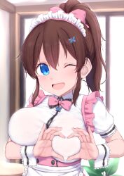 1girl :d apron blue_eyes bow breasts brown_hair cai_geng collared_shirt commentary_request hair_bow heart-shaped_boob_challenge highres idolmaster idolmaster_million_live! idolmaster_million_live!_theater_days indoors large_breasts leaf long_hair maid maid_apron maid_headdress one_eye_closed open_mouth ponytail pretty_waitress_(idolmaster) satake_minako shirt short_sleeves sidelocks smile solo white_apron white_shirt window wrist_cuffs