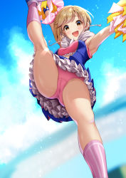 Rule 34 | 1girl, :d, aiba yumi, arm up, armpits, blue sky, blurry, blurry background, blush, brown eyes, cameltoe, cheerleader, feet out of frame, frilled skirt, frills, from below, highres, hogey nk-2000, holding, holding pom poms, hood, hoodie, idolmaster, idolmaster cinderella girls, kneehighs, leg up, light brown hair, light particles, looking at viewer, open mouth, outdoors, outstretched arm, panties, pantyshot, pink footwear, pink panties, pink socks, pom pom (cheerleading), pom poms, short hair, skirt, sky, sleeveless, smile, socks, standing, standing on one leg, sweat, underwear, wristband