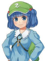 Rule 34 | 1girl, backpack, bad id, bad pixiv id, bag, blue eyes, blue hair, female focus, hair bobbles, hair ornament, hat, kawashiro nitori, key, matching hair/eyes, monosenbei, short hair, simple background, smile, solo, touhou, twintails, two side up, white background