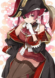 Rule 34 | 1girl, absurdres, bare shoulders, black gloves, blush, breasts, cleavage, epaulettes, eyepatch, gloves, hat, high heels, highres, hololive, houshou marine, kanmiya shinobu, long hair, looking at viewer, navel, off shoulder, pirate hat, pleated skirt, purple hair, red eyes, see-through, see-through cleavage, skirt, smile, solo, thighhighs, twintails, virtual youtuber, white background