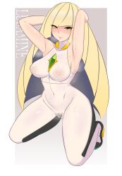 Rule 34 | 1girl, absurdres, adapted costume, armpits, arms up, bare shoulders, black footwear, blonde hair, blush, bodysuit, border, breasts, cameltoe, character name, closed mouth, collarbone, covered navel, creatures (company), eyes visible through hair, female pubic hair, full body, game freak, gradient background, green eyes, grey background, half-closed eyes, high heels, highres, impossible clothes, kneeling, large breasts, lips, long hair, looking at viewer, lusamine (pokemon), nintendo, nipples, pokemon, pokemon sm, pubic hair, see-through, shnibbles, simple background, skin tight, sleeveless, smile, solo, spread legs, steam, sweat, tears, white border