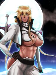 Rule 34 | 1girl, bleach, blonde hair, breast tattoo, breasts, cleavage, colored eyelashes, crossed bangs, dark-skinned female, dark skin, facial mark, female focus, full moon, gloves, hair between eyes, hand on own hip, large breasts, long hair, looking at viewer, moon, number tattoo, parted lips, revealing clothes, sheath, sheathed, solo, standing, sword, tattoo, tier harribel, weapon