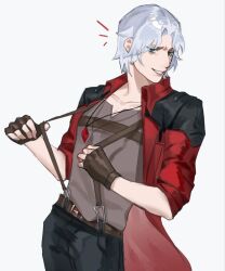 Rule 34 | 1boy, blue eyes, coat, dante (devil may cry), devil may cry (anime), devil may cry (series), fingerless gloves, gloves, higan1113557, highres, holding, looking at viewer, male focus, simple background, smile, solo, white hair
