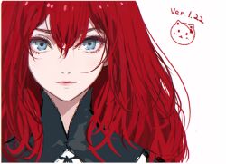 Rule 34 | 1girl, black shirt, blue eyes, commentary, d.k, doodle inset, hair between eyes, lips, long hair, looking at viewer, nier, nier (series), popola, portrait, red hair, shirt, simple background, solo, straight-on, white background