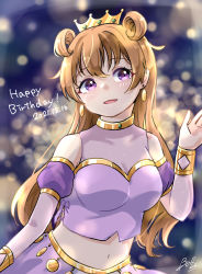 Rule 34 | 1girl, artist name, artist request, blush, bracelet, breasts, brown hair, butterfly (love live!), choker, cleavage, close-up, clothing cutout, collarbone, cropped shirt, crown, detached sleeves, double bun, dress, dress shirt, earrings, female focus, gold bracelet, hair between eyes, hair bun, hair rings, harem outfit, highres, jewelry, konoe kanata, long hair, looking at viewer, love live!, love live! nijigasaki high school idol club, love live! school idol festival, medium breasts, navel, parted lips, puffy short sleeves, puffy sleeves, purple eyes, purple ribbon, purple shirt, purple shorts, ribbon, shirt, short sleeves, shorts, shoulder cutout, smile, solo, two side up, yellow bracelet, yellow choker