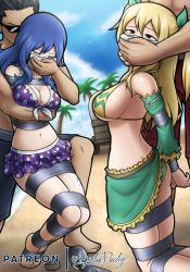 Rule 34 | 2girls, 3boys, absurdres, arms behind back, ass, bare shoulders, barefoot, bdsm, beach, belly, bikini, blonde hair, blue hair, bound, breasts, brown eyes, chloroform, cleavage, collarbone, drugged, closed eyes, fairy tail, feet, gag, highres, holding, improvised gag, juvia lockser, kidnapped, kidnapping, large breasts, long hair, looking at another, looking back, lucy heartfilia, magnolia-baillon, midriff, multiple boys, multiple girls, navel, sand, sideboob, sleepy, sweat, swimsuit, tape, tape bondage, tape gag, tattoo