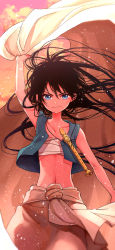 Rule 34 | 1boy, absurdres, aladdin (magi), black hair, blue eyes, blue shirt, child, cloud, cloudy sky, commentary request, easy-0426, evening, flute, highres, holding, instrument, long hair, looking at viewer, magi the labyrinth of magic, male focus, midriff, navel, orange sky, outdoors, shirt, sky, solo