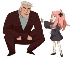 Rule 34 | 1boy, 1girl, :d, ahoge, anya (spy x family), black footwear, black shirt, blonde hair, character request, child, commentary, crossover, flowers-imh, food, frilled socks, frills, from side, giving, green eyes, hairpods, highres, holding, holding food, jacket, looking at another, looking down, looking up, open mouth, pants, peanut, pink hair, red jacket, red pants, shirt, short hair, smile, socks, spy x family, squatting, surprised, sweatdrop, symbol-only commentary, white background, white socks, x-men: the animated series