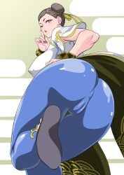Rule 34 | 1girl, ass, black eyes, black hair, blue legwear, breasts, capcom, china dress, chinese clothes, chun-li, cleft of venus, covered erect nipples, denim, double bun, dress, earrings, finger to mouth, hair bun, hair ribbon, highres, jeans, jewelry, large breasts, looking at viewer, looking back, makinaru, nail polish, nipples, one eye closed, open mouth, pants, ribbon, shushing, smile, solo, street fighter, street fighter 6