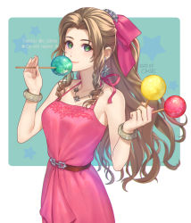Rule 34 | 1girl, aerith gainsborough, aerith gainsborough (pink dress), bare shoulders, belt, bow, bracelet, breasts, brown hair, dress, earrings, final fantasy, final fantasy vii, final fantasy vii remake, green eyes, hair bow, hair ornament, jewelry, medium breasts, necklace, official alternate costume, ohse, parted bangs, pink dress, ponytail, sidelocks, signature, sleeveless, sleeveless dress, solo, square enix, star (symbol), twitter username, wall market, wavy hair