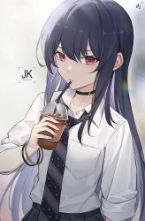 Rule 34 | 1girl, ark john up, black choker, blue hair, bracelet, choker, cup, drinking straw, hair between eyes, highres, holding, holding cup, jewelry, long hair, looking at viewer, necktie, open mouth, original, parted lips, red eyes, school uniform, shirt, sleeves rolled up, white shirt