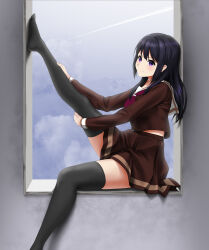 Rule 34 | 1girl, absurdres, black hair, black thighhighs, brown shirt, brown skirt, cloud, feet, foot out of frame, has bad revision, has downscaled revision, hibike! euphonium, highres, kitauji high school uniform, kousaka reina, leg up, legs, long hair, looking at viewer, md5 mismatch, natme24, neckerchief, no shoes, pleated skirt, purple eyes, red neckerchief, resolution mismatch, sailor collar, school uniform, serafuku, shirt, sitting, skirt, solo, source smaller, stretching, thighhighs, thighs, window, zettai ryouiki
