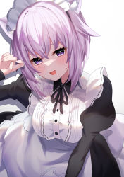 Rule 34 | 1girl, :d, alternate costume, animal ears, blush, breasts, cat ears, cat girl, enmaided, highres, hololive, juliet sleeves, large breasts, leaning forward, long sleeves, looking at viewer, maid, maid headdress, neck ribbon, nekomata okayu, open mouth, puffy sleeves, purple eyes, purple hair, ribbon, short hair, simple background, smile, solo, virtual youtuber, white background, yukisuke (user gtmm7833)