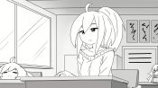 Rule 34 | &gt; &lt;, 3girls, = =, ahoge, animated, blinking, classroom, commentary, desk, drooling, english commentary, facedesk, greyscale, head rest, headdesk, high ponytail, insomnia-chan, kay yu, monochrome, multiple girls, off-shoulder sweater, off shoulder, original, paguroidea, pink-haired girl (kay yu), ponytail, sitting, sleepy, sleeves past wrists, smile, sweater, video