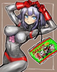 Rule 34 | 1girl, blue eyes, bodysuit, breasts, breasts day, candy wrapper, closed mouth, cosplay, dagashi kashi, dakusuta, covered erect nipples, flower, gloves, hair flower, hair ornament, hairband, highres, looking at viewer, purple hair, shidare hotaru, short hair, smile, solo