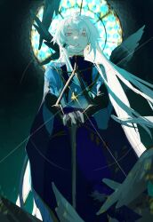 Rule 34 | 1boy, absurdres, cape, earrings, grey hair, highres, holding, holding weapon, jewelry, looking at viewer, male focus, minfand, original (sky: children of the light), red eyes, sidelocks, sky: children of the light, solo, standing, weapon