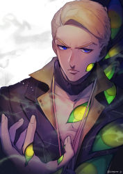 Rule 34 | 1boy, 723 (tobi), blonde hair, blue eyes, closed mouth, forehead, grateful dead, highres, jacket, jewelry, jojo no kimyou na bouken, looking at viewer, necklace, prosciutto, purple jacket, short hair, simple background, solo, twitter username, v-shaped eyebrows, vento aureo, white background