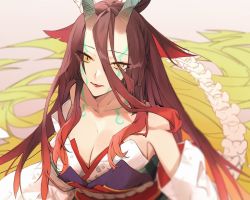Rule 34 | 1girl, bare shoulders, breasts, brown hair, cleavage, collarbone, facial mark, fate/grand order, fate/requiem, fate (series), gradient hair, hair between eyes, horns, japanese clothes, kijo kouyou (fate), kijo kouyou (third ascension) (fate), kimono, large breasts, lipstick, long hair, long sleeves, looking at viewer, makeup, multicolored hair, no-kan, obi, off shoulder, red lips, sash, slit pupils, very long hair, white kimono, yellow eyes