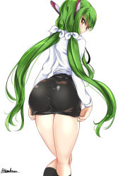 Rule 34 | 1girl, artist request, ass, breasts, c.c., code geass, from behind, hair ribbon, headgear, highres, large breasts, long hair, looking at viewer, looking back, low twintails, pencil skirt, ribbon, school uniform, shiny clothes, sideboob, skin tight, skirt, smile, solo, twintails, very long hair, yellow eyes