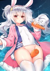Rule 34 | 1girl, animal ears, azur lane, bottomless, breasts, carrot, covered erect nipples, covered navel, dated, fingernails, food, fur trim, hairband, highres, holding, holding food, jacket, laffey (azur lane), long hair, looking at viewer, no panties, open clothes, open jacket, pink jacket, pussy, pussy peek, rabbit ears, rabbit tail, red eyes, sasachin (k+w), small breasts, solo, tail, thighhighs, twintails, vegetable, white hair, white thighhighs