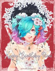 Rule 34 | 1girl, blood, blue hair, cleavage cutout, clothing cutout, dress, english text, fire emblem, fire emblem fates, flower, fork, hair flower, hair ornament, hotate rayan, knife, licking lips, looking at viewer, nintendo, peri (fire emblem), red eyes, smile, solo, solo focus, tongue, tongue out, twintails