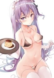 Rule 34 | 1girl, 7gao, azur lane, bandaid, bandaid on pussy, bare shoulders, bikini, bikini pull, black bikini, blush, breasts, breasts apart, chocolate, closed mouth, clothes pull, collarbone, commentary request, creme caramel, elbow gloves, food, frills, gloves, groin, highres, holding, holding tray, long hair, looking at viewer, maid headdress, medium breasts, micro bikini, navel, one side up, pudding, purple eyes, purple hair, simple background, sitting, smiley face, solo, stomach, swimsuit, thigh gap, thighhighs, tray, underboob, unicorn (azur lane), very long hair, white background, white gloves, white thighhighs