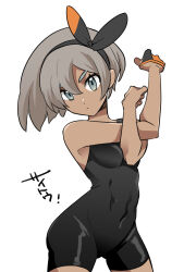Rule 34 | 1girl, bare arms, bea (pokemon), black bodysuit, black hairband, bodysuit, bow hairband, breasts, character name, closed mouth, commentary request, covered abs, cowboy shot, creatures (company), dark-skinned female, dark skin, eyelashes, game freak, gloves, grey eyes, grey hair, hair between eyes, hairband, highres, looking at viewer, medium breasts, naruse makoto, nintendo, partially fingerless gloves, pokemon, pokemon swsh, short hair, simple background, single glove, solo, stretching, white background