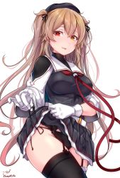 Rule 34 | 1girl, absurdres, artist name, baileys (tranquillity650), black hat, black panties, black serafuku, black skirt, black thighhighs, blush, breasts, brown eyes, clothes lift, cowboy shot, garter belt, gloves, hair between eyes, hat, heterochromia, highres, kantai collection, large breasts, lifted by self, light brown hair, long hair, murasame (kancolle), murasame kai ni (kancolle), open mouth, panties, pleated skirt, red eyes, school uniform, serafuku, signature, simple background, skirt, skirt lift, smile, solo, thighhighs, twitter username, two side up, underwear, white background, white gloves