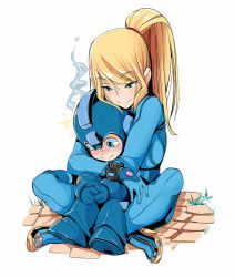 Rule 34 | 1boy, 1girl, armor, arms around another&#039;s neck, arms around head, arms around neck, blonde hair, blue eyes, blush, breasts, closed mouth, hands on another&#039;s shoulders, height difference, hug, hug from behind, large breasts, looking at another, looking down, mega man (character), mega man (series), metroid, nervous, nintendo, nisego, ponytail, samus aran, shy, simple background, sitting, size difference, skin tight, smile, sparks, steam, white background, zero suit