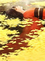 Rule 34 | 1girl, absurdres, autumn, black hair, blunt bangs, eyelashes, from side, ginkgo tree, highres, horns, in water, japanese clothes, kimono, leaf, looking at viewer, lying, on back, oni, original, parted lips, red eyes, romiy, solo