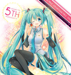 Rule 34 | 1girl, character name, detached sleeves, green eyes, green hair, hatsune miku, long hair, matching hair/eyes, mocha (naturefour), necktie, one eye closed, sitting, skirt, solo, thighhighs, twintails, very long hair, vocaloid