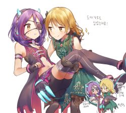 Rule 34 | 2girls, :&gt;, :d, bad id, bad twitter id, blonde hair, blush, boots, brown eyes, carrying, commentary request, demon horns, dress, earrings, eyepatch, fingerless gloves, gloves, green dress, hair ornament, hayasaka mirei, headphones, horns, idolmaster, idolmaster cinderella girls, idolmaster cinderella girls starlight stage, jewelry, korean text, long hair, midriff, misha (hoongju), morikubo nono, multicolored hair, multiple girls, navel, necklace, open mouth, pantyhose, princess carry, purple hair, short hair, sleeveless, sleeveless dress, smile, sweatdrop, thigh boots, thighhighs, translation request, wavy mouth, yuri