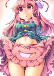 Rule 34 | 1girl, bow, bubble skirt, cameltoe, clothes lift, crotch cutout, fox mask, fun bo, gradient background, hata no kokoro, long hair, long sleeves, looking at viewer, looking down, mask, mask on head, midriff, navel, open mouth, panties, pink eyes, pink hair, pink panties, shirt, skirt, skirt lift, solo, surprised, thigh gap, touhou, underwear, very long hair, wide sleeves