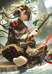 Rule 34 | 1boy, akizuno, asymmetrical bangs, black hair, black shirt, blue sky, braid, braided ponytail, changpao, chinese clothes, closed eyes, cloud, cloudy sky, curtained hair, fate/grand order, fate (series), fishing, fishing rod, highres, holding, holding fishing rod, indian style, long hair, long sleeves, male focus, outdoors, pants, ponytail, shirt, single braid, sitting, sky, solo, striped clothes, striped pants, tai gong wang (fate)