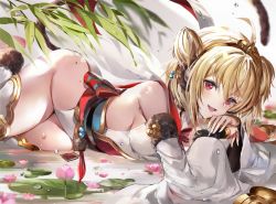 Rule 34 | 1girl, :d, andira (granblue fantasy), animal ears, bare shoulders, blonde hair, circlet, commentary request, detached sleeves, erune, fang, flower, granblue fantasy, hagoromo, hair between eyes, lily pad, looking at viewer, lotus, lying, monkey ears, monkey girl, monkey tail, on side, open mouth, red eyes, shawl, skin fang, smile, solo, soraneko hino, tail, thighhighs, two side up, water drop, wide sleeves