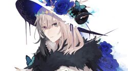 Rule 34 | 1boy, arthropod boy, blue butterfly, blue eyes, blue flower, blue rose, bug, butterfly, cape, crown, diamond hairband, expressionless, fate/grand order, fate (series), flower, from side, fur-trimmed cape, fur trim, grey hair, hat, highres, insect, looking at viewer, male focus, medium hair, mizuki (mz), no wings, oberon (fate), rose, shirt, simple background, solo, upper body, white background, white shirt
