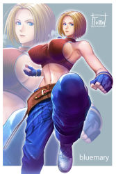 Rule 34 | 1girl, absurdres, artist logo, baggy pants, bare shoulders, belt, blonde hair, blue eyes, blue gloves, blue mary, breasts, character name, clenched hands, covered erect nipples, crop top, denim, fingerless gloves, forehead, gloves, highres, huge breasts, incoming attack, jeans, jewelry, jumping, large breasts, linea alba, looking at viewer, loose belt, medium hair, midriff, muscular, muscular female, navel, necklace, no bra, pants, parted hair, red shirt, ribbed shirt, shirt, shoes, sideboob, sleeveless turtleneck crop top, sneakers, snk, solo, straight hair, taut clothes, taut shirt, the king of fighters, tomo eokaiteru, turtleneck crop top, zoom layer