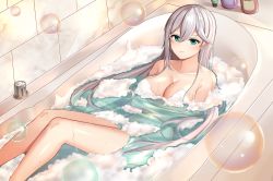 Rule 34 | 1girl, aircell, aqua eyes, arms under breasts, bad id, bad pixiv id, bathing, bathtub, blush, bottle, breasts, bubble, cecilia schariac, completely nude, grey hair, hair between eyes, highres, honkai (series), honkai impact 3rd, large breasts, long hair, looking at viewer, nude, partially submerged, sidelocks, smile, solo, very long hair, wet