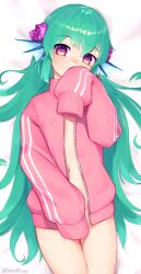 Rule 34 | 1girl, aqua hair, bed sheet, covering own mouth, dakimakura (medium), ear piercing, finana ryugu, fins, fish girl, flower, hair flower, hair ornament, hair spread out, hand over own mouth, head fins, heart, heart-shaped pupils, highres, jacket, long hair, looking at viewer, lying, naked jacket, navel, nijisanji, nijisanji en, on back, piercing, pink jacket, purple eyes, sleeves past fingers, sleeves past wrists, solo, symbol-shaped pupils, very long hair, virtual youtuber, yoako
