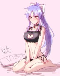 Rule 34 | 1girl, bare arms, bare legs, bare shoulders, barefoot, bell, neck bell, black bra, black panties, blush, bow, bra, breasts, cat cutout, cat ear panties, cat lingerie, choker, cleavage, cleavage cutout, clothing cutout, collarbone, dated, frilled bra, frills, hair bow, highres, hinomoto madoka, jingle bell, large breasts, long hair, looking at viewer, lovely x cation 2, meme attire, narukawa hime, navel, nose blush, panties, ponytail, purple hair, red eyes, side-tie panties, sitting, solo, stomach, twitter username, underwear, underwear only, very long hair, wariza, white bow, yes-no pillow