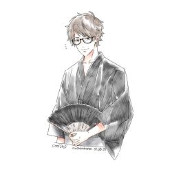 Rule 34 | 1boy, absurdres, artist name, black-framed eyewear, black eyes, bright pupils, brown hair, closed mouth, commentary request, cool doji danshi, dated, folding fan, glasses, hand fan, highres, holding, holding fan, japanese clothes, kimono, long sleeves, looking at viewer, male focus, mima takayuki, nata kokone, short hair, simple background, solo, upper body, white background, white pupils, yukata