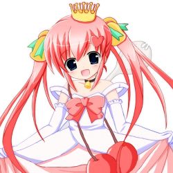 Rule 34 | 1girl, ave new project, blue eyes, blush, child, crown, curtsey, dot nose, dress, elbow gloves, gloves, gown, long hair, non-web source, open mouth, pink hair, princess, simple background, solo, twintails, white background, yamasaki tomoya