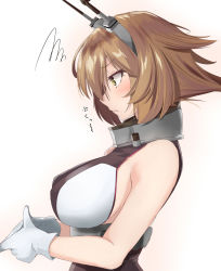 Rule 34 | 1girl, bare shoulders, blush, breasts, brown hair, closed mouth, collar, flipped hair, gloves, green eyes, hair between eyes, headgear, highres, kantai collection, large breasts, looking to the side, mutsu (kancolle), ninoude (ninoude44), own hands together, short hair, sideboob, simple background, solo, upper body, white background, white gloves
