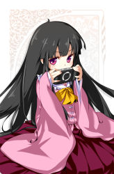 Rule 34 | 1girl, black hair, covering own mouth, female focus, handheld game console, hong (white spider), houraisan kaguya, long hair, pink eyes, playstation portable, solo, touhou