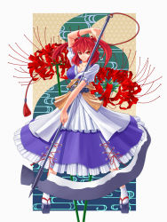 Rule 34 | 1girl, ahoge, alternate weapon, arm up, asa no ha (pattern), breasts, cleavage, cross-laced clothes, dress, female focus, floral background, flower, frilled sleeves, frills, full body, hair bobbles, hair ornament, highres, kazuki seihou, large breasts, legs apart, looking at viewer, okobo, onozuka komachi, outside border, puffy short sleeves, puffy sleeves, red eyes, red hair, sandals, scythe, seihou (artist), short hair, short sleeves, smile, solo, spider lily, standing, tassel, touhou, twintails, two side up, weapon