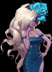 Rule 34 | 1girl, bangle, bare shoulders, blue dress, blue eyes, blue lips, bracelet, breasts, cleavage, colored skin, dress, dungeon and fighter, flower, frayir, hair flower, hair ornament, hair over one eye, hand on own hip, jewelry, lipstick, long hair, looking at viewer, makeup, mole, mole under eye, nail polish, necklace, purple skin, sharan (dungeon and fighter), simple background, solo, standing, very long hair, white hair
