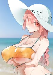 Rule 34 | 1girl, arm under breasts, bare shoulders, bikini, blue sky, blurry, blurry background, blush, braid, breasts, cleavage, closed mouth, commentary request, covered erect nipples, fate/grand order, fate (series), florence nightingale (chaldea lifesavers) (fate), florence nightingale (fate), furau, hair between eyes, hat, highres, large breasts, long hair, ocean, pink eyes, pink hair, see-through, single braid, sky, stomach, sun hat, sweat, swimsuit, underboob, very long hair, water, whistle, whistle around neck, white hat, wide hips, yellow bikini