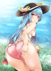 Rule 34 | 1girl, ass, bikini, black hat, blue hair, blue sky, breasts, closed mouth, cloud, cloudy sky, day, food, frilled bikini, frills, from behind, fruit, hat, hinanawi tenshi, leaning forward, long hair, looking at viewer, looking back, medium breasts, nipples, one breast out, peach, pink bikini, pussy juice, red eyes, sky, solo, string bikini, swimsuit, touhou, yuhito (ablbex)